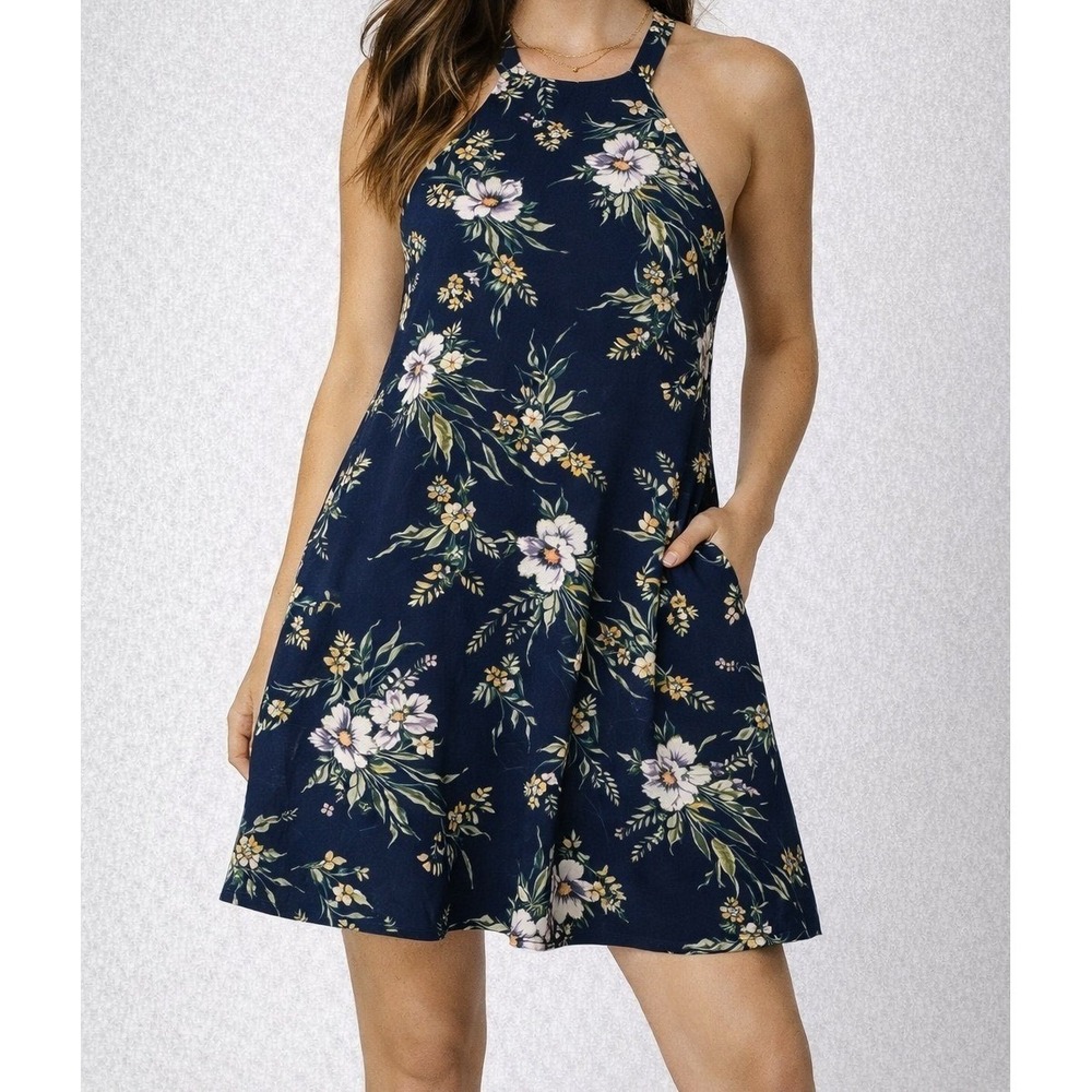 Nine Britton Floral Swing Dress Large Navy Sleeveless Trapeze Pockets